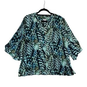 Chico's Blouse Womens 3 16/18 Teal Green Abstract Feather Print 3/4 Sleeve Top
